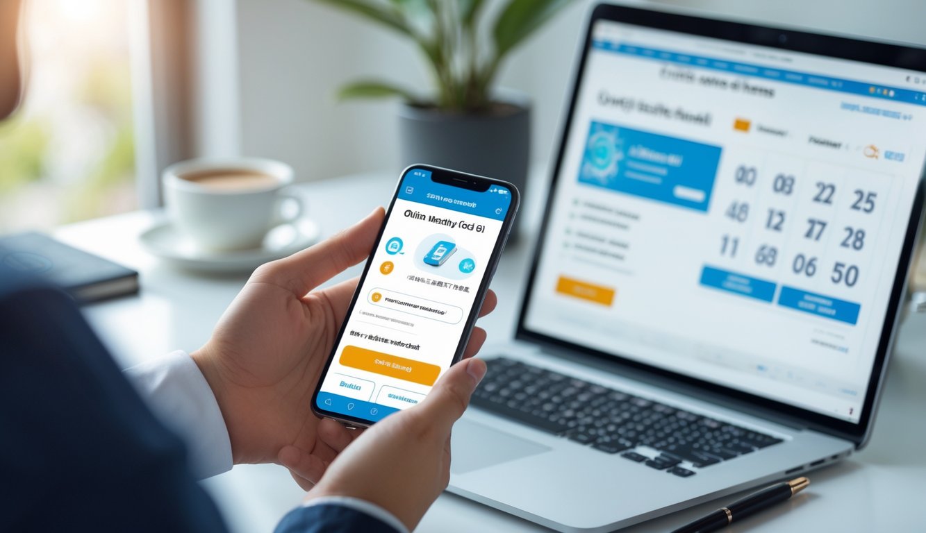 Seseorang memegang ponsel yang menampilkan aplikasi perbankan dengan konfirmasi transaksi, di meja terdapat laptop yang menampilkan situs togel, suasana kerja yang rapi dan terang.