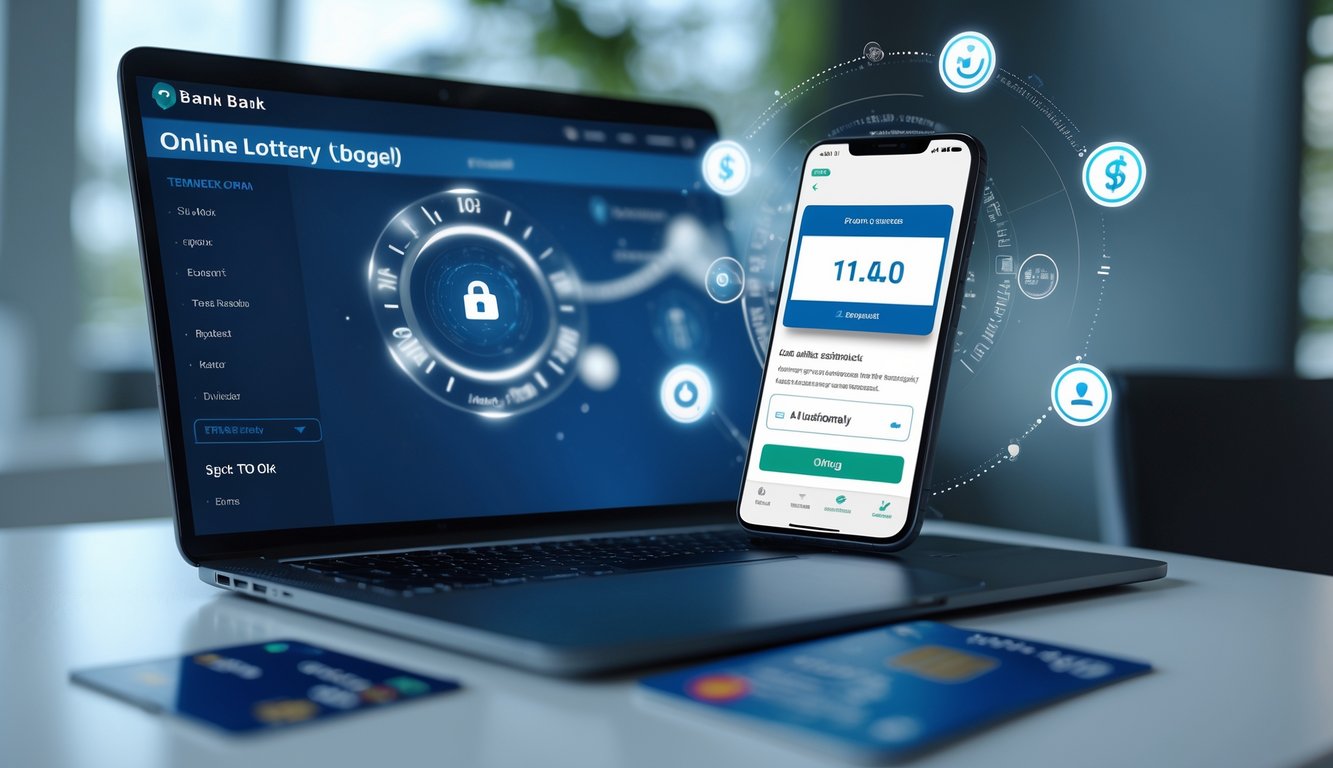 Sebuah meja kerja modern dengan laptop, ponsel, dan kartu bank yang menunjukkan transaksi online cepat dan aman.