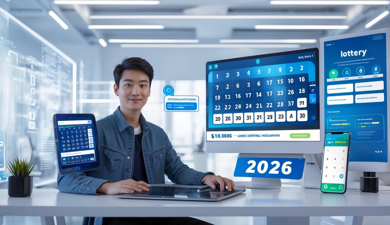 Seorang dewasa muda duduk di meja kerja modern dengan perangkat digital menampilkan permainan togel online dan transaksi keuangan dalam suasana cerah dan futuristik.