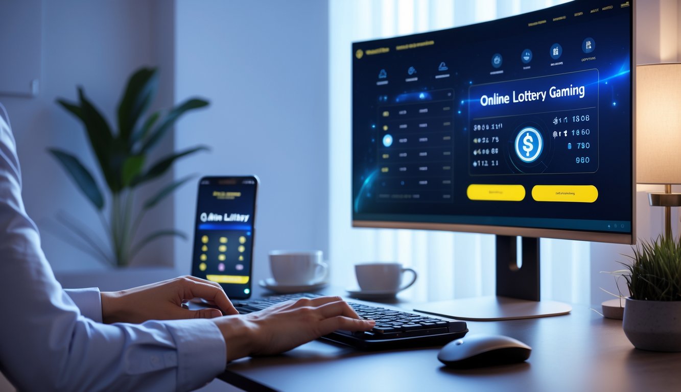 Orang sedang menggunakan komputer di meja kerja modern dengan layar menampilkan antarmuka permainan togel online dan ponsel di sampingnya.