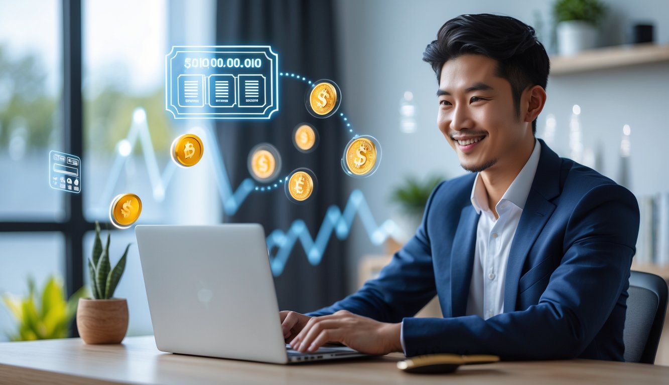 Seorang pria muda tersenyum menggunakan laptop di ruang kerja modern dengan ikon digital lotere dan grafik keuangan di latar belakang.