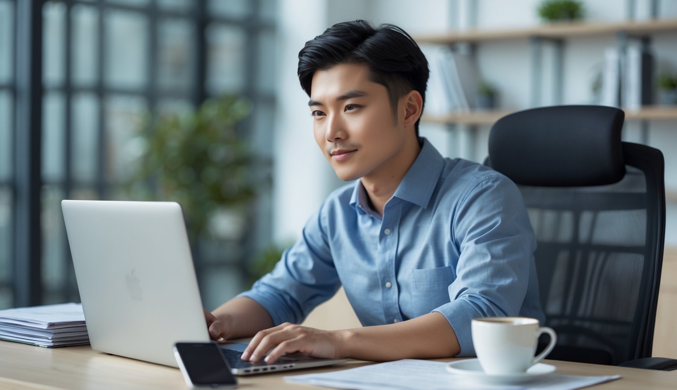 Seorang pria muda duduk di meja kantor menggunakan laptop dengan ekspresi fokus di ruangan kantor yang rapi dan terang.