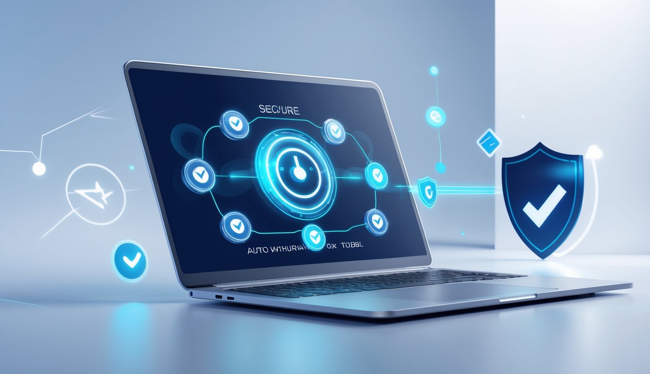 Sebuah komputer modern dengan tampilan antarmuka transaksi cepat dan aman, dikelilingi ikon kepercayaan dan kecepatan.