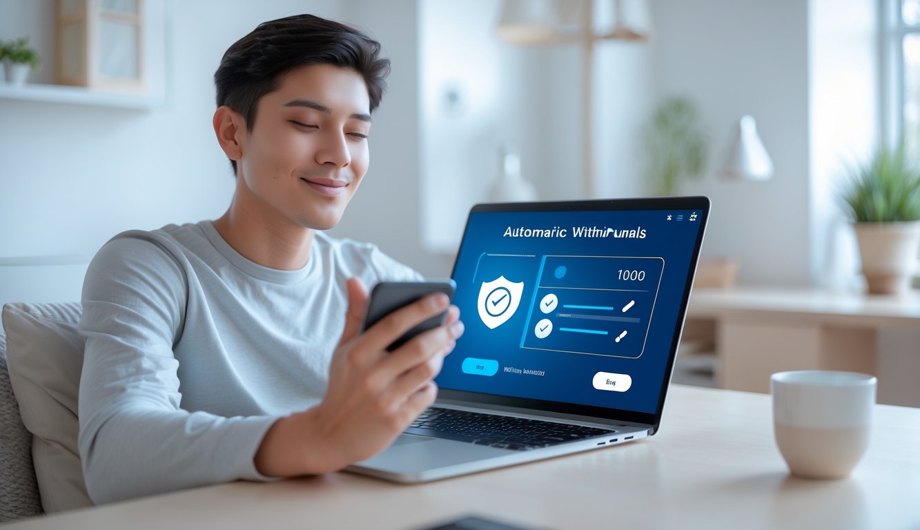 Seorang dewasa muda menggunakan laptop di ruang tamu yang terang, terlihat santai dan puas saat melakukan transaksi online dengan proses pencairan otomatis.