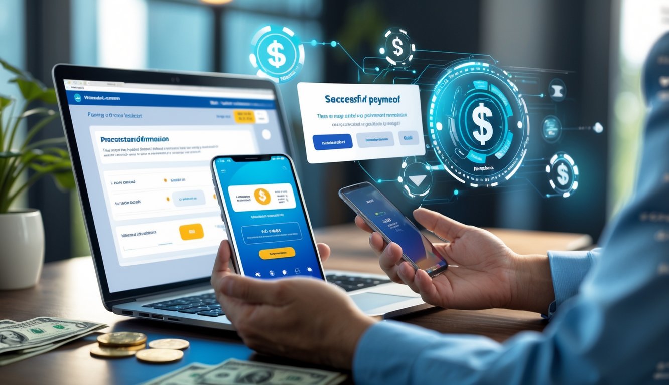 Seseorang menggunakan laptop dan ponsel di meja kerja dengan tampilan notifikasi pembayaran berhasil dan suasana yang menunjukkan proses pencairan uang secara otomatis.