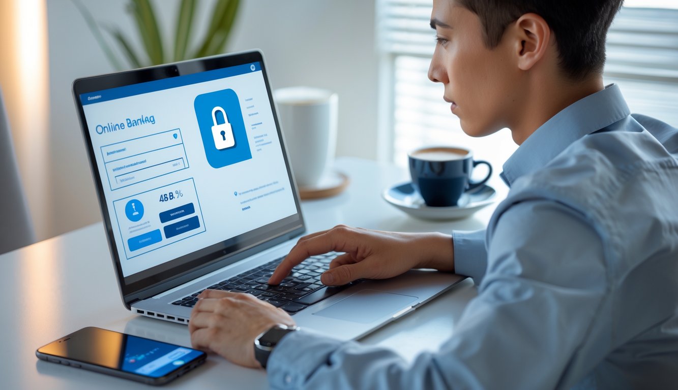 Seorang dewasa muda menggunakan laptop di ruang kerja modern dengan layar menampilkan konfirmasi pembayaran online yang aman.