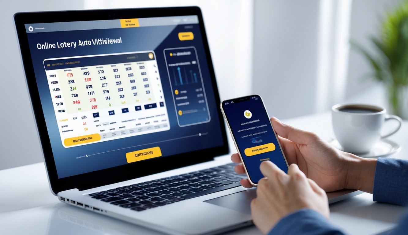 Meja kerja modern dengan laptop dan ponsel yang menampilkan aktivitas togel online dan konfirmasi penarikan otomatis.