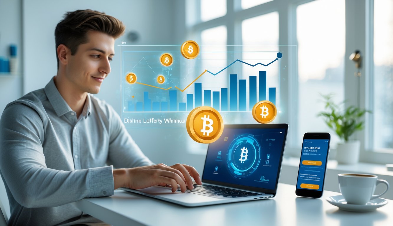 Seorang dewasa muda menggunakan laptop dan ponsel di meja kerja yang rapi dengan suasana terang, menunjukkan transaksi keuangan online yang cepat dan otomatis.