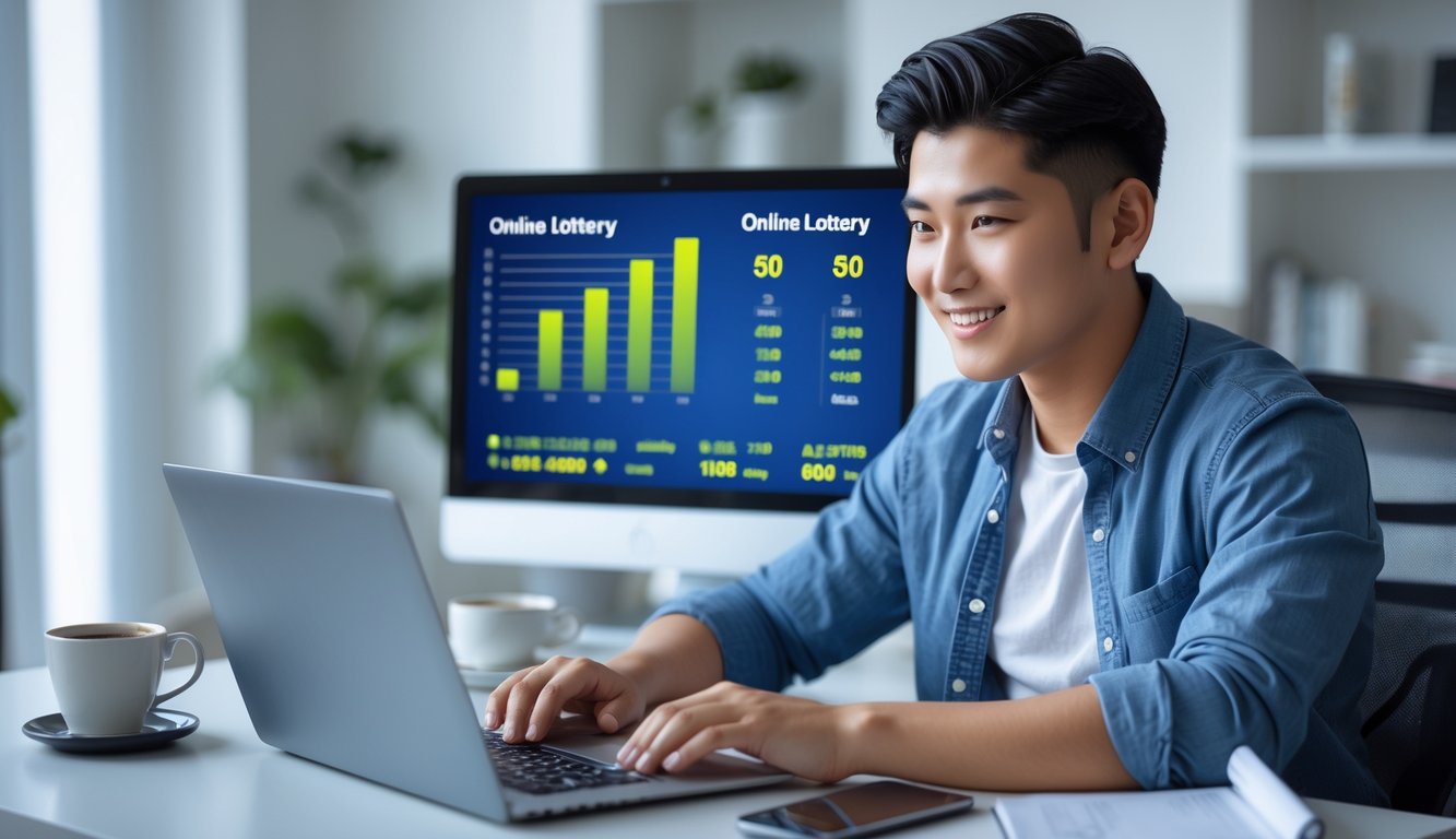 Seorang pria muda duduk di meja dengan laptop, fokus melihat layar yang menampilkan grafik dan angka, di ruangan kantor rumah yang rapi dan terang.