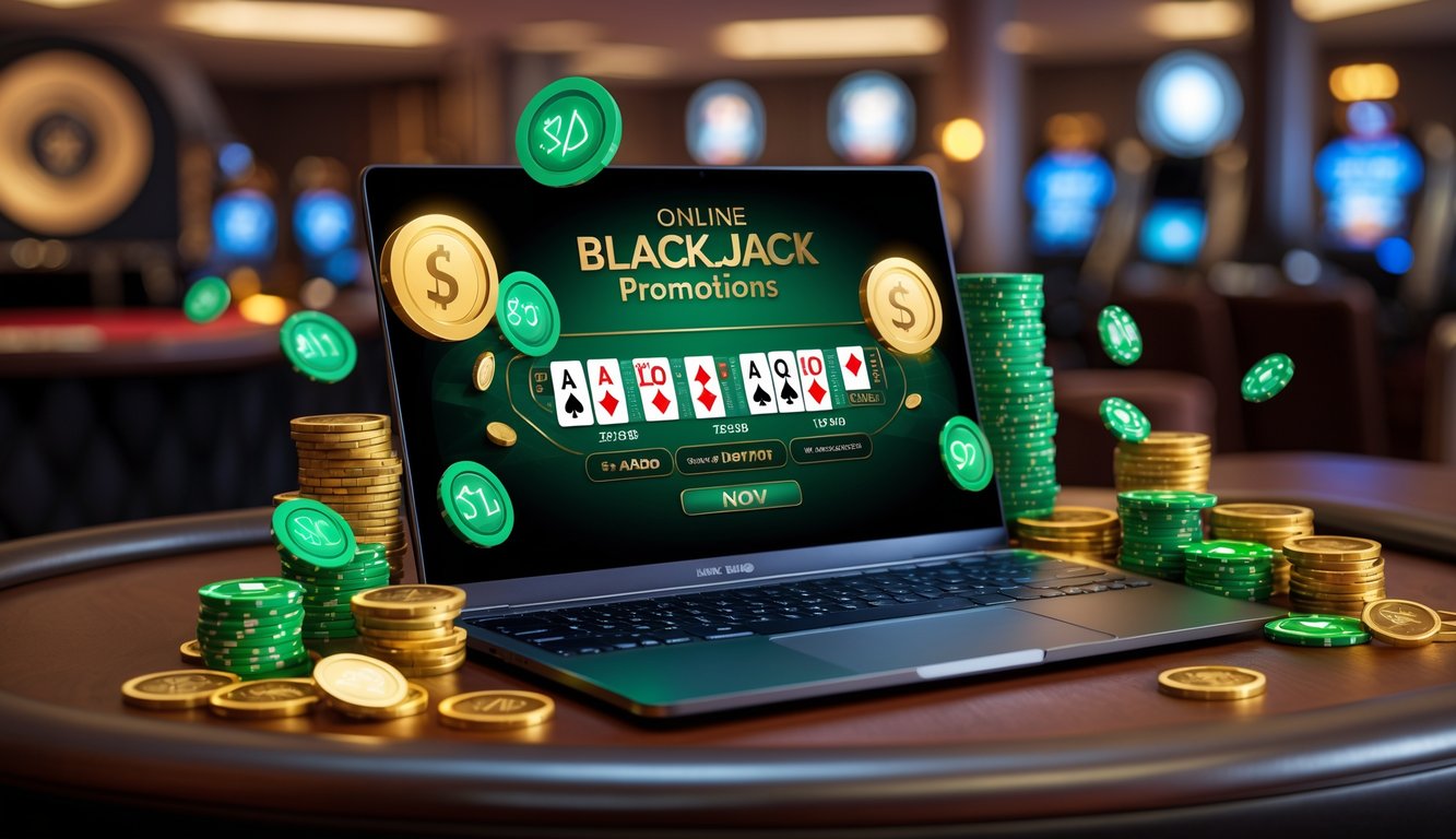 Sebuah laptop modern menampilkan meja blackjack virtual dengan kartu dan chip, dikelilingi oleh koin dan tumpukan chip di atas meja kayu dengan pencahayaan hangat.