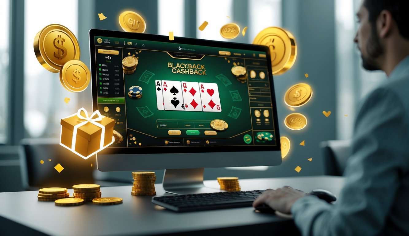 Sebuah meja kerja dengan komputer yang menampilkan permainan blackjack online dan ikon bonus serta cashback di latar belakang.
