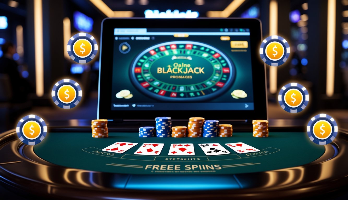 Sebuah meja blackjack virtual dengan kartu dan chip di layar perangkat digital dalam suasana kasino online yang modern.