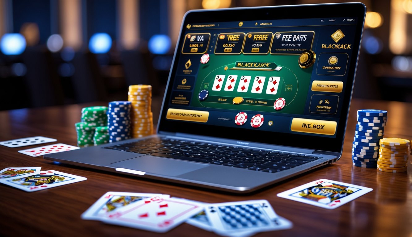 Meja kayu dengan laptop yang menampilkan permainan blackjack online, dikelilingi oleh chip poker dan kartu remi.