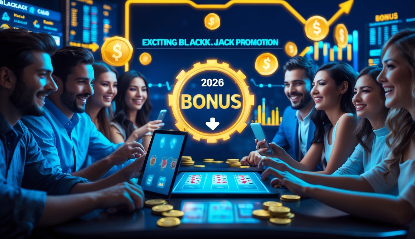 Beberapa orang bermain blackjack online dengan antusias di perangkat digital, di latar belakang terdapat meja blackjack virtual dan chip taruhan.