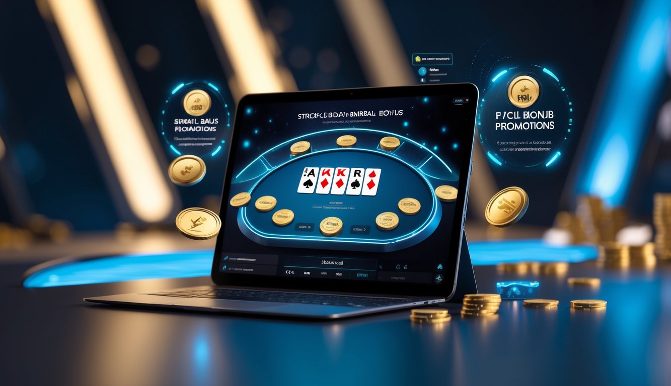 Sebuah perangkat digital menampilkan meja blackjack virtual dengan kartu dan chip, dikelilingi efek holografik di lingkungan modern dan mewah.