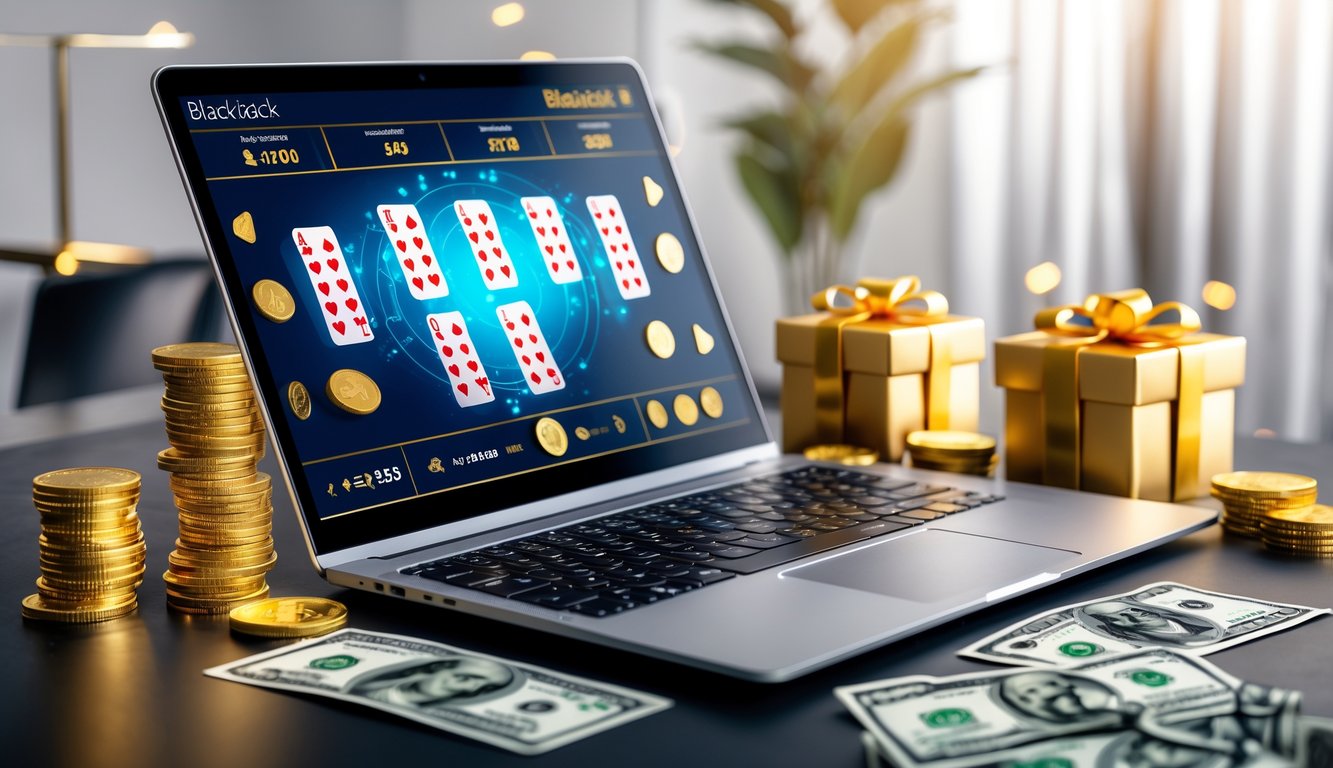 Seseorang sedang bermain blackjack online di komputer dengan chip dan koin di meja, menunjukkan suasana permainan kasino daring dengan hadiah dan cashback.