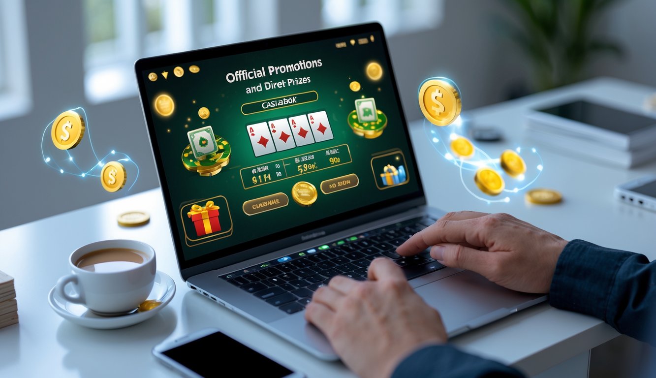 Seorang pemain menggunakan laptop dengan tampilan permainan blackjack online dan simbol hadiah serta cashback di sekitarnya.