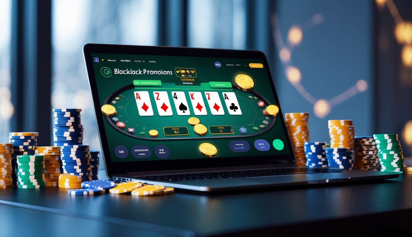 Seorang pemain blackjack online dengan komputer menampilkan kartu dan tumpukan chip di atas meja kayu gelap.