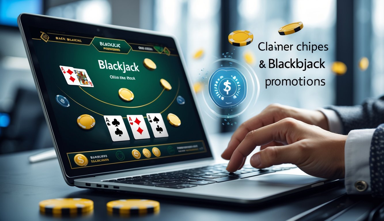 Seseorang menggunakan laptop dengan tampilan permainan blackjack online dan chip di meja, menggambarkan klaim promo dan hadiah dalam blackjack online.