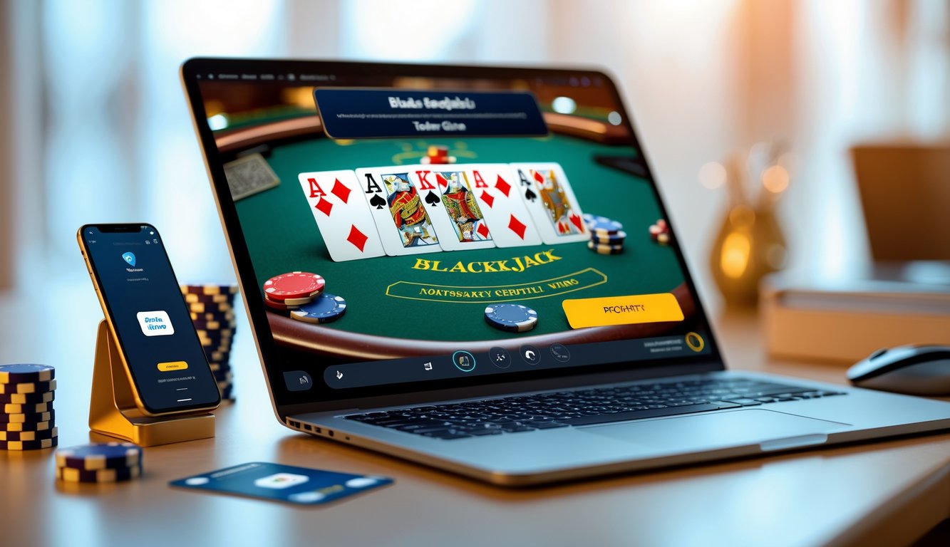 Sebuah perangkat digital menampilkan permainan blackjack online dengan kartu dan chip di atas meja modern.