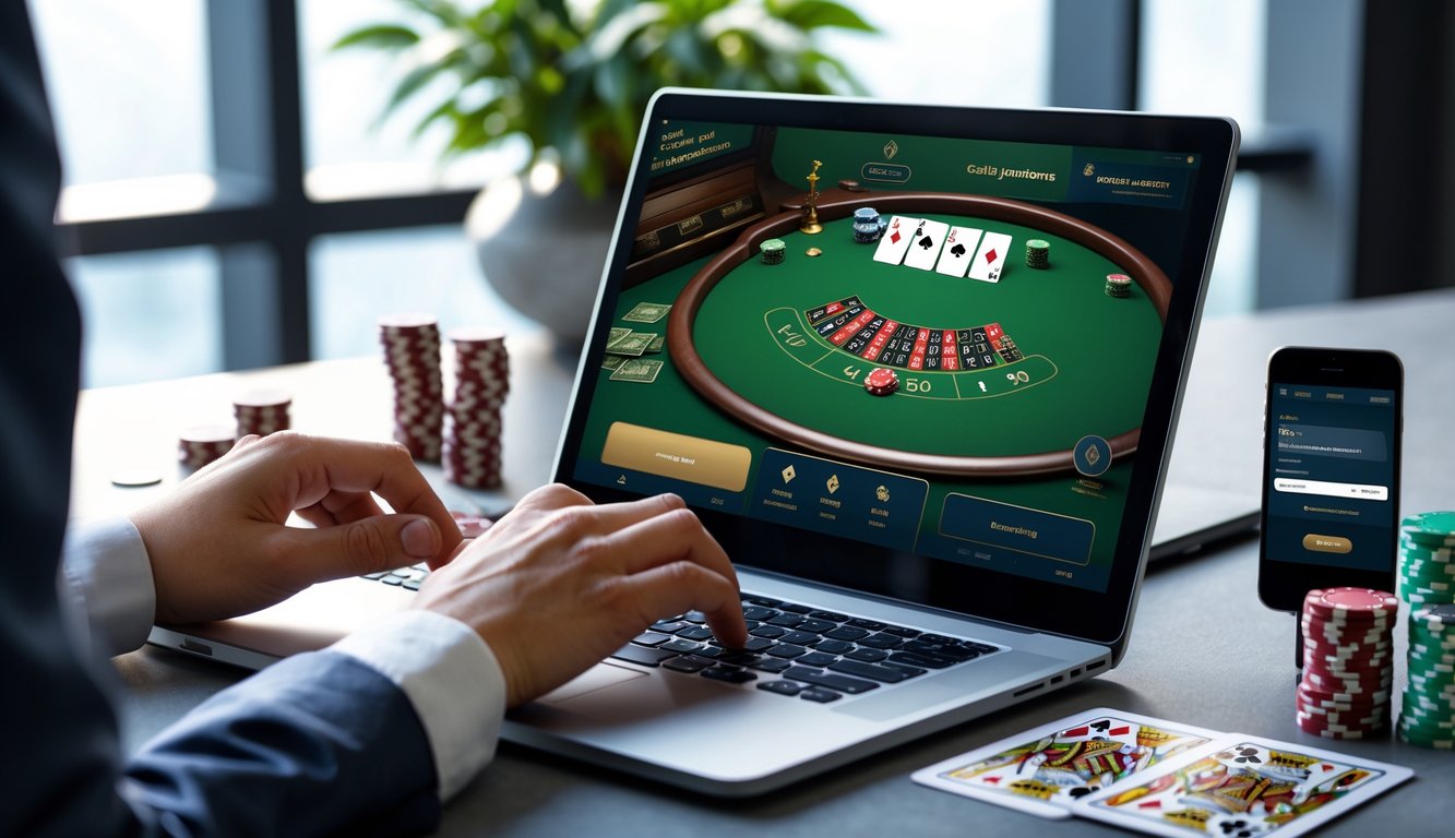 Seseorang bermain blackjack online di depan komputer dengan kartu dan chip terlihat, serta smartphone di samping menunjukkan transaksi deposit.