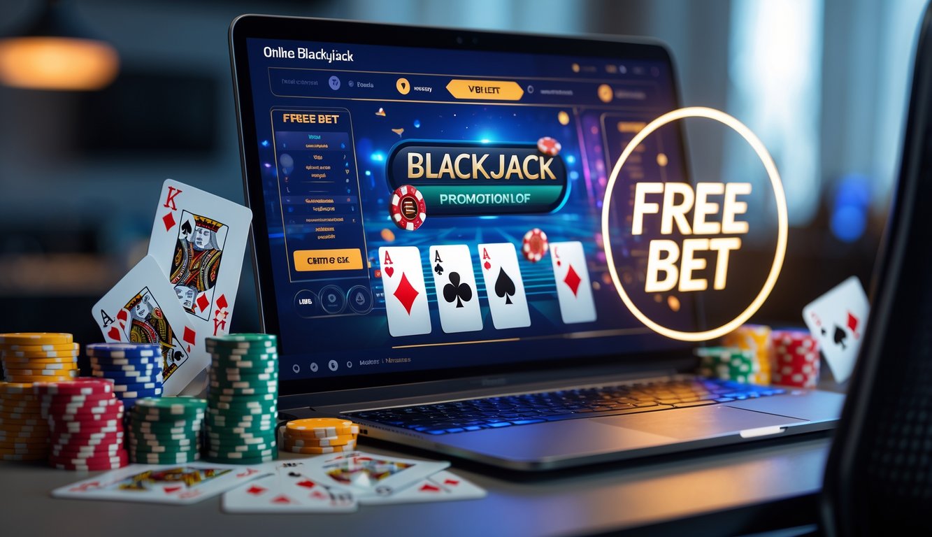 Seorang pemain menggunakan komputer dengan permainan blackjack online yang menampilkan kartu dan chip poker di meja, suasana terlihat menarik dan kompetitif.