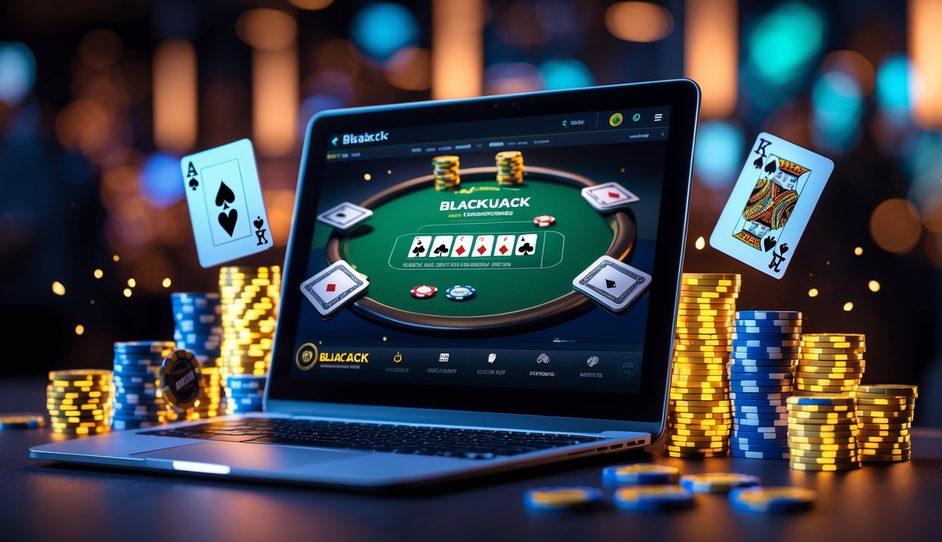 Layar perangkat digital menampilkan permainan blackjack online dengan kartu dan chip poker di sekitarnya, menciptakan suasana promosi permainan kasino daring.