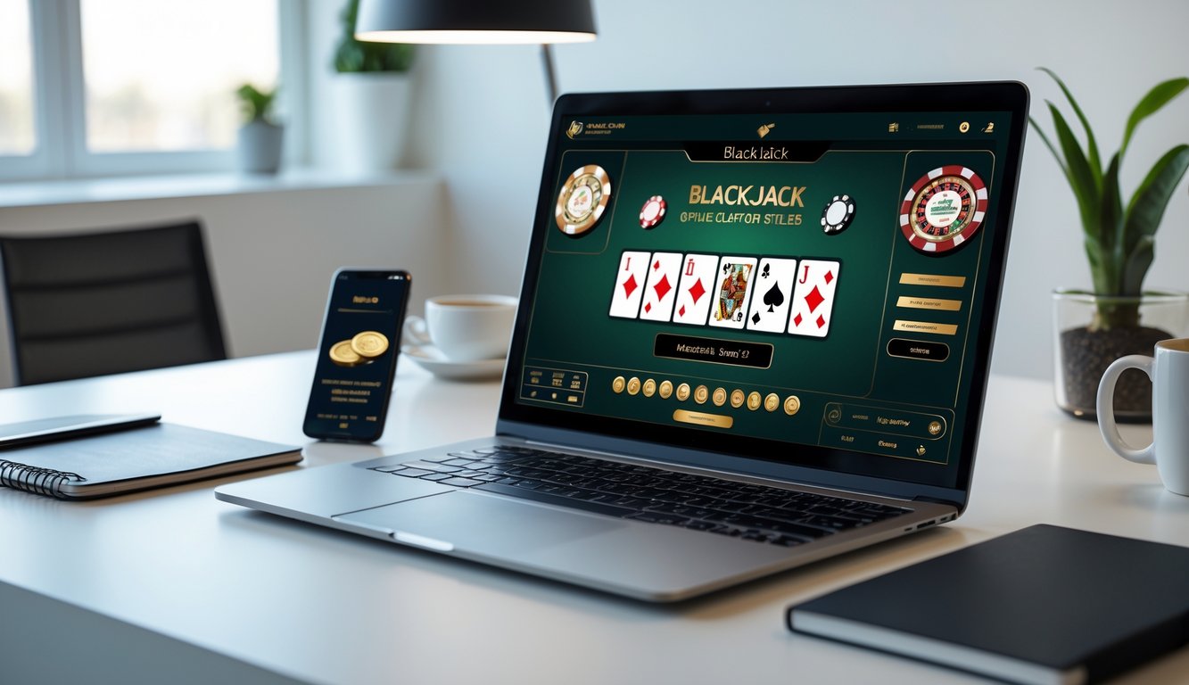 Seorang laptop menampilkan permainan blackjack online dengan kartu dan chip digital di meja kerja modern, dikelilingi oleh smartphone, cangkir kopi, dan buku catatan.
