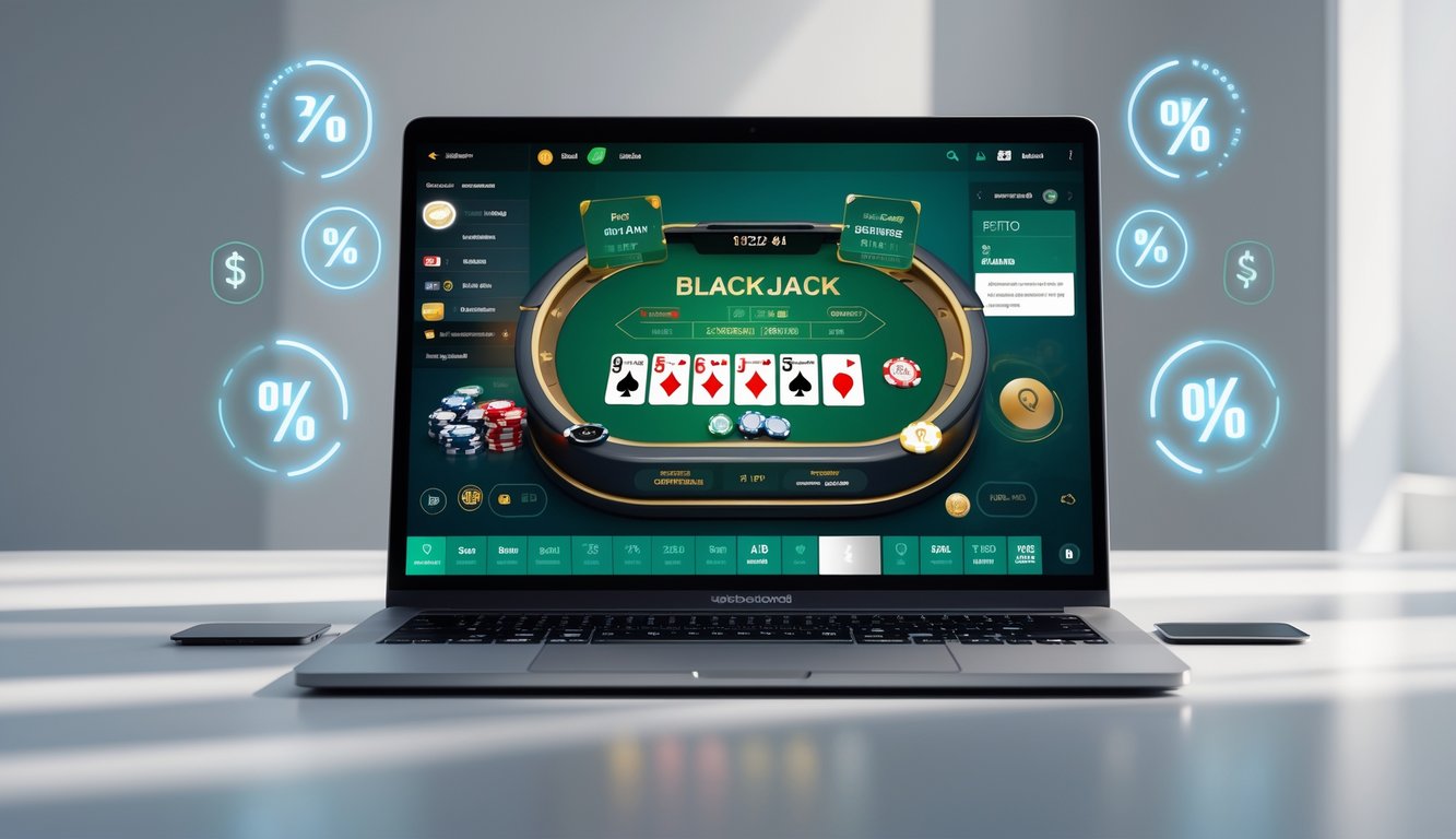 Seseorang bermain blackjack online di komputer dengan tampilan kartu dan chip, dikelilingi ikon promosi dan notifikasi digital.