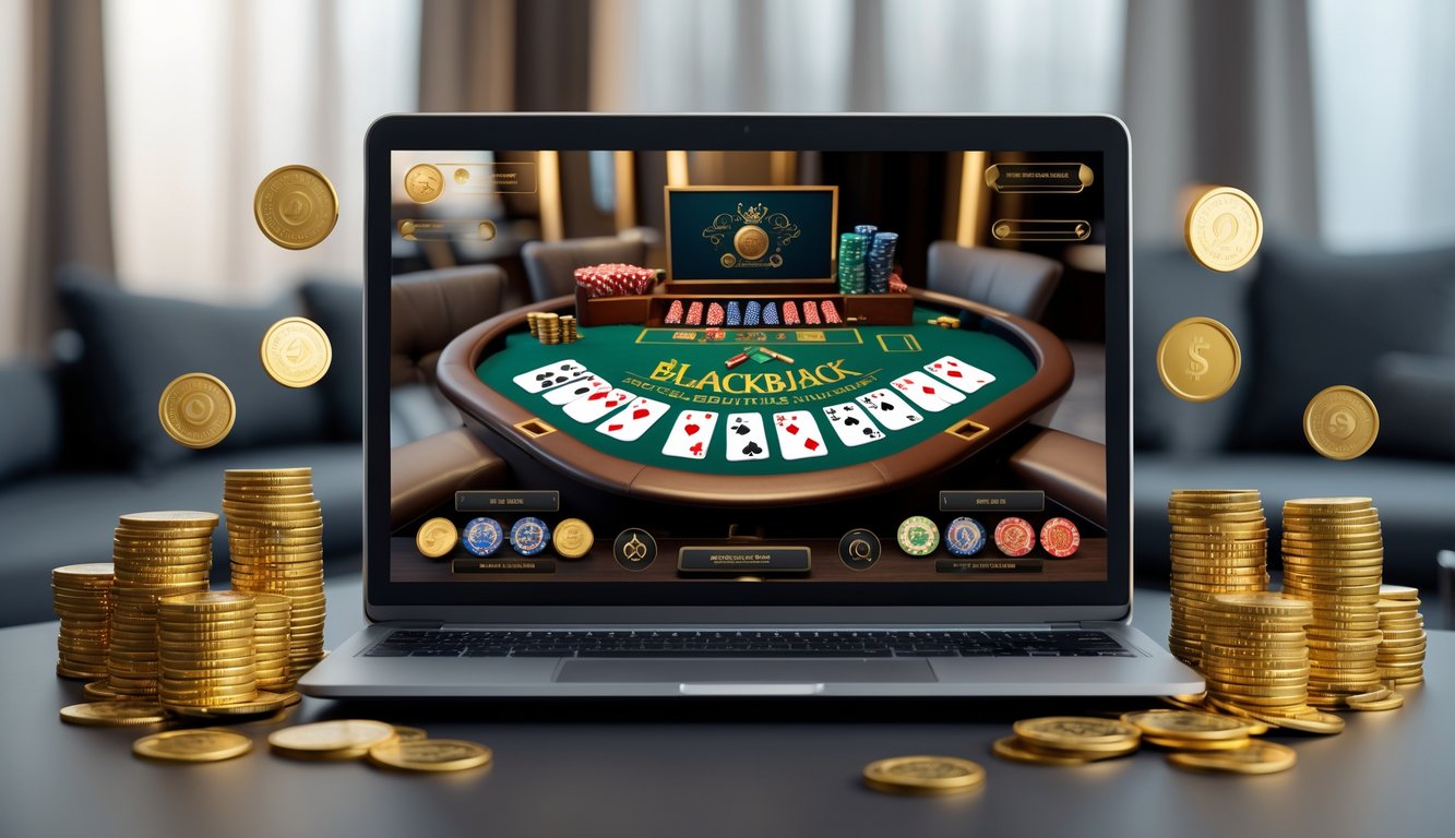 Seseorang bermain blackjack online di komputer dengan chip dan kartu di meja, dikelilingi oleh koin emas dan hadiah sebagai simbol bonus dan loyalitas.