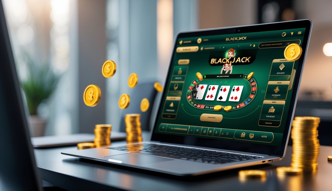 Sebuah laptop menampilkan permainan blackjack online dengan kartu dan chip, di atas meja yang rapi dengan latar belakang ruangan yang nyaman.