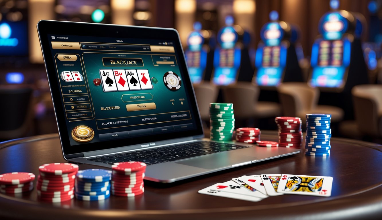 Seorang pria menggunakan laptop di meja kayu dengan tumpukan chip poker dan kartu remi di sekitarnya dalam suasana kasino modern.