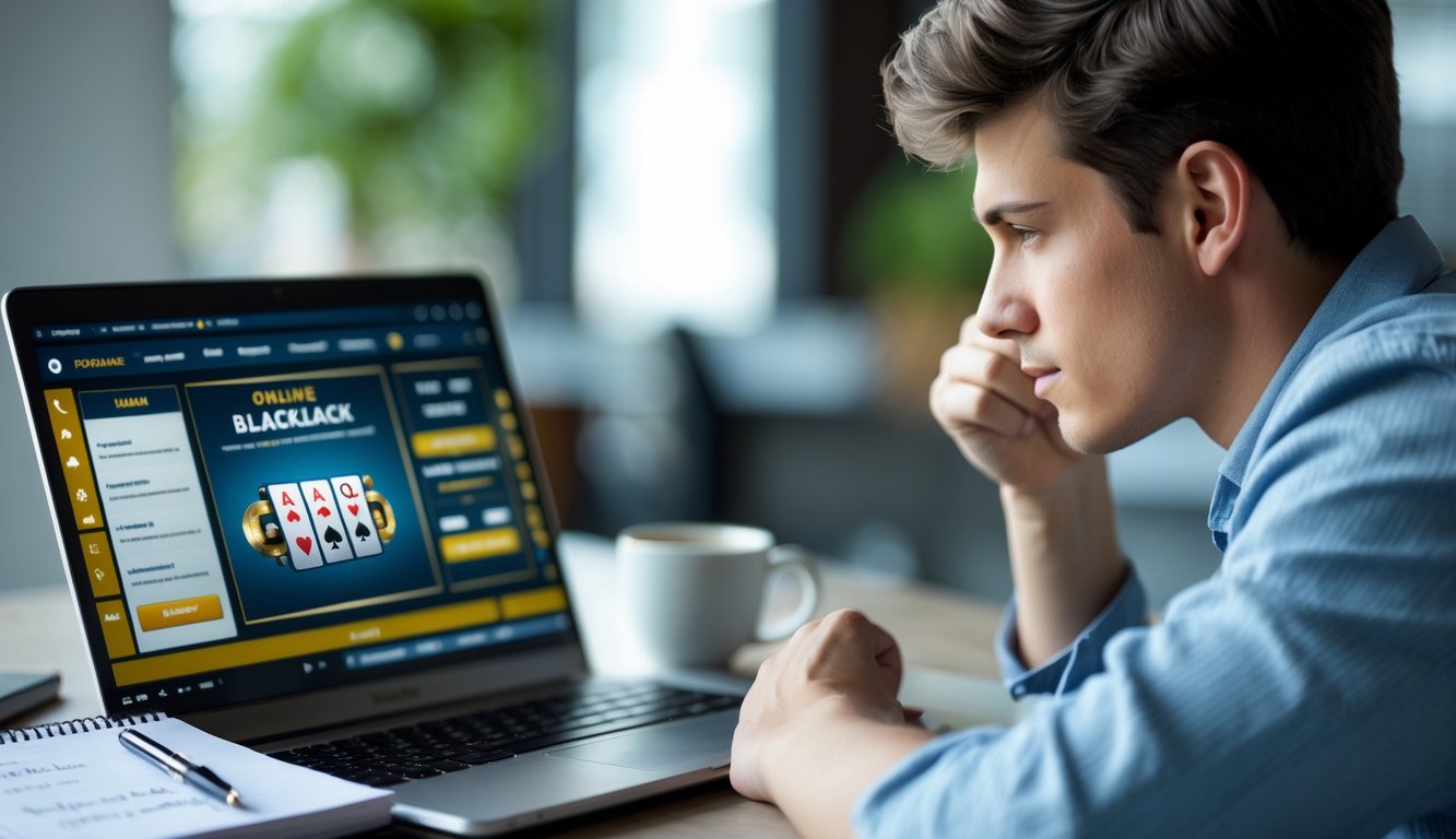 Seorang pria muda duduk di depan laptop yang menampilkan permainan blackjack online, dengan catatan dan kopi di meja, tampak fokus dan serius.
