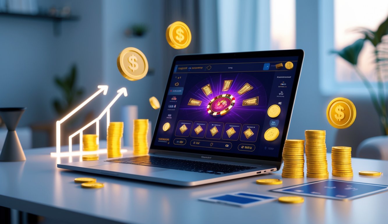 Seorang pemain menggunakan komputer dengan tampilan permainan baccarat online dan chip taruhan di meja yang rapi.