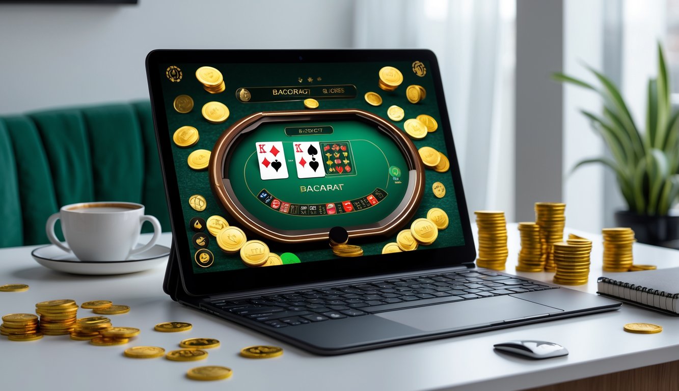 Seorang pemain menggunakan laptop dengan permainan baccarat online di layar, dikelilingi oleh chip dan koin di meja yang rapi.