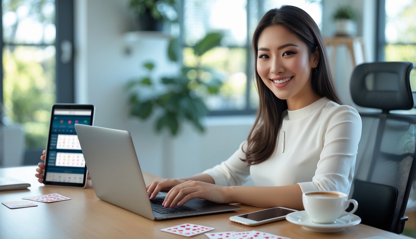 Seorang wanita muda tersenyum duduk di meja dengan laptop dan kartu bermain di ruang kerja yang terang.