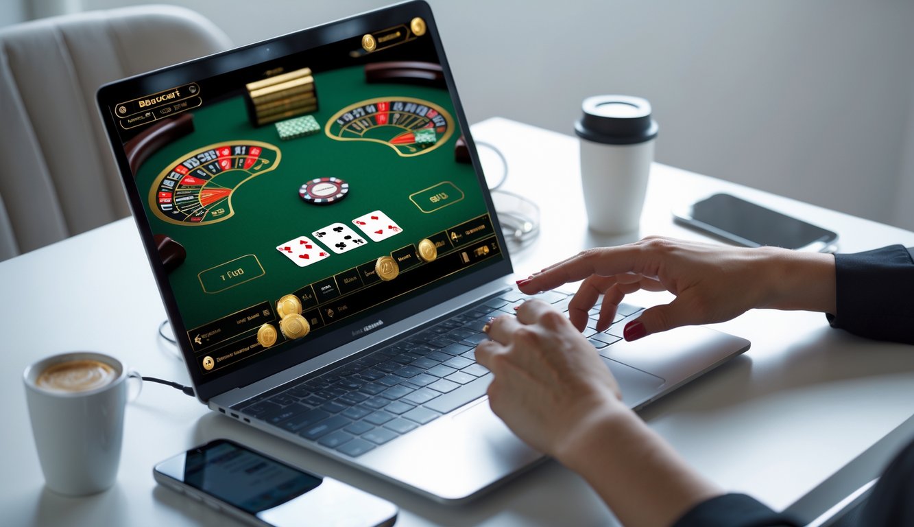 Seorang pengguna sedang bermain baccarat online di laptop dengan kartu dan chip terlihat di layar, di atas meja terdapat cangkir kopi dan ponsel.