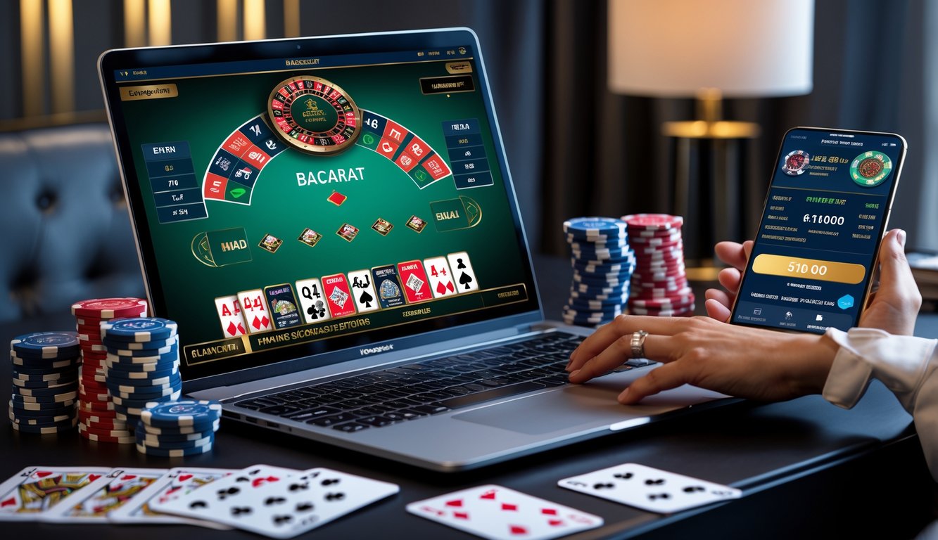 Seseorang menggunakan laptop dengan tampilan permainan baccarat dan tumpukan chip poker di meja kerja modern.