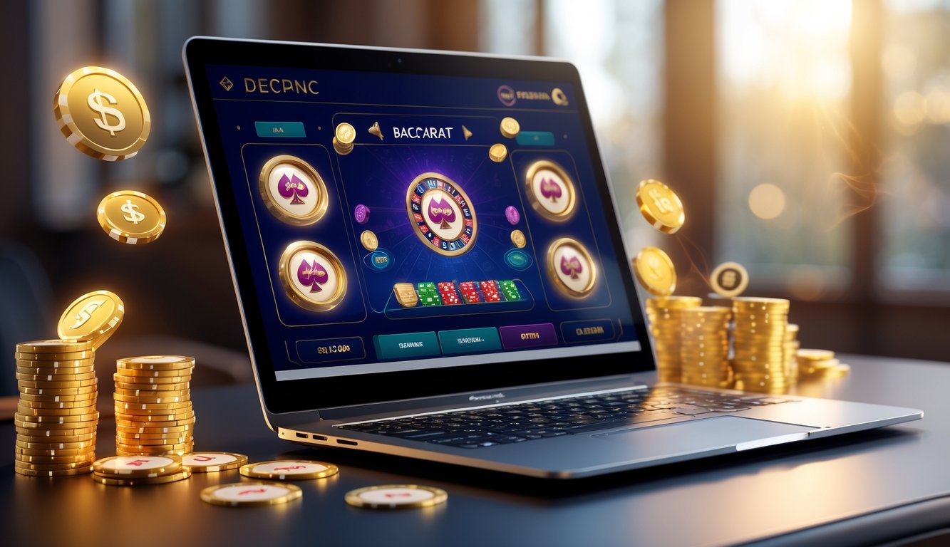 Seorang pria menggunakan komputer dengan tampilan permainan baccarat online dan simbol bonus di sekitarnya.
