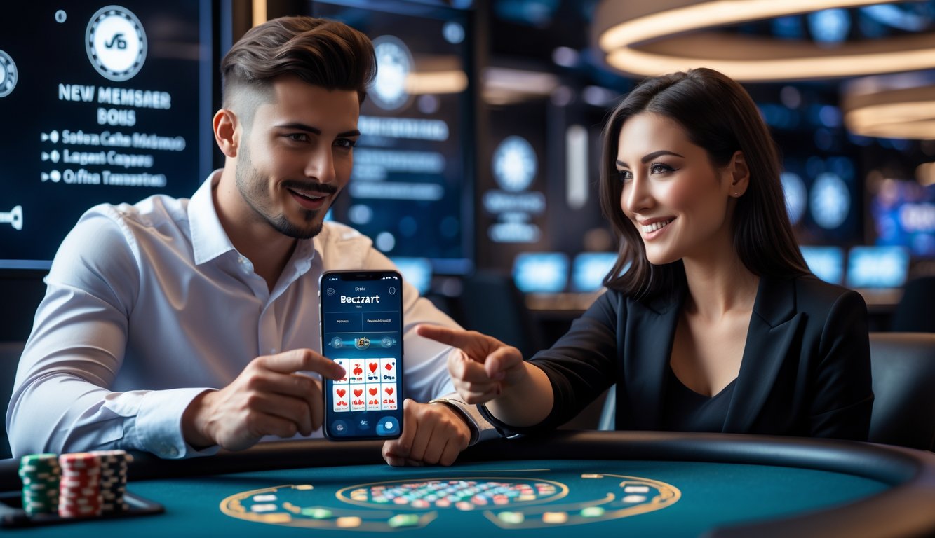 Seorang pria dan wanita muda duduk di meja permainan modern, fokus pada layar ponsel yang menampilkan permainan baccarat online.