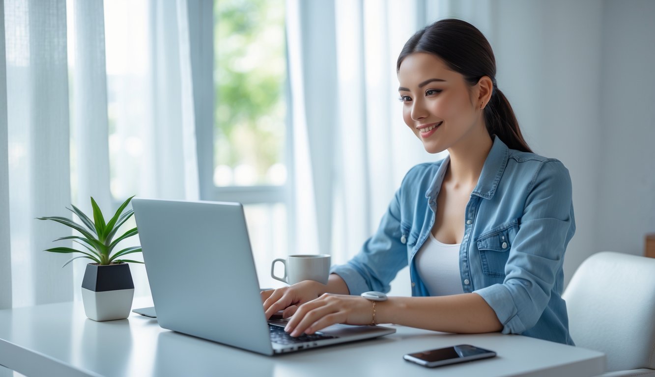 Seorang wanita muda duduk di meja dengan laptop di ruang kerja rumah yang terang dan rapi, terlihat fokus dan tersenyum sambil menggunakan komputer.