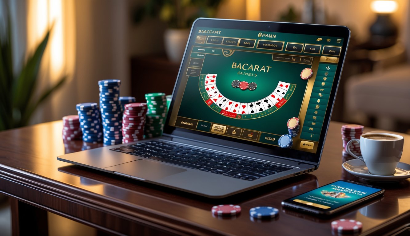 Sebuah laptop di meja kayu dengan tampilan permainan baccarat online, dikelilingi oleh chip kasino dan ponsel, di ruangan dengan pencahayaan hangat.