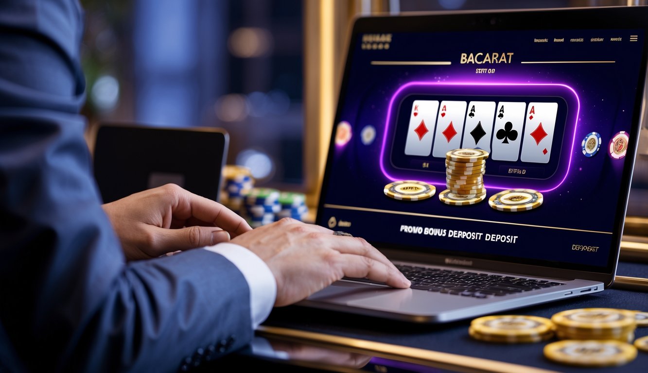 Seseorang menggunakan laptop dengan tampilan permainan baccarat online di layar, menunjukkan suasana kasino online yang mewah dan terpercaya.