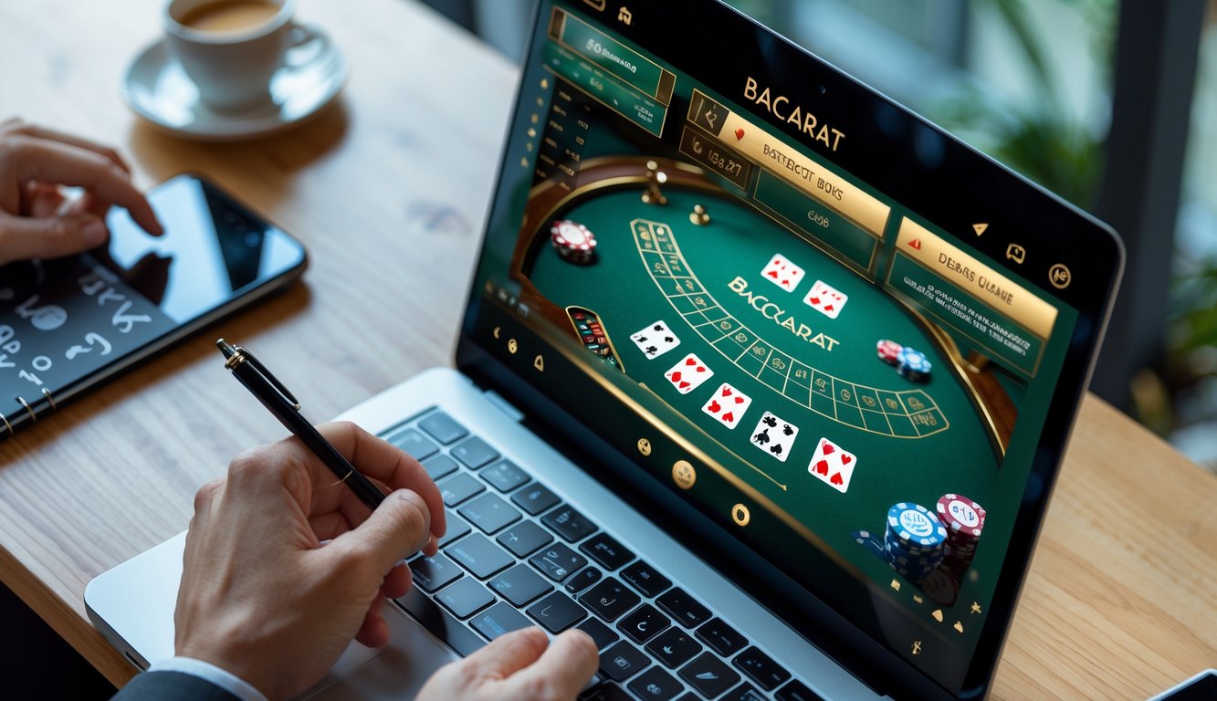 Seorang pemain sedang menggunakan laptop untuk bermain baccarat online dengan catatan strategi dan alat tulis di meja.