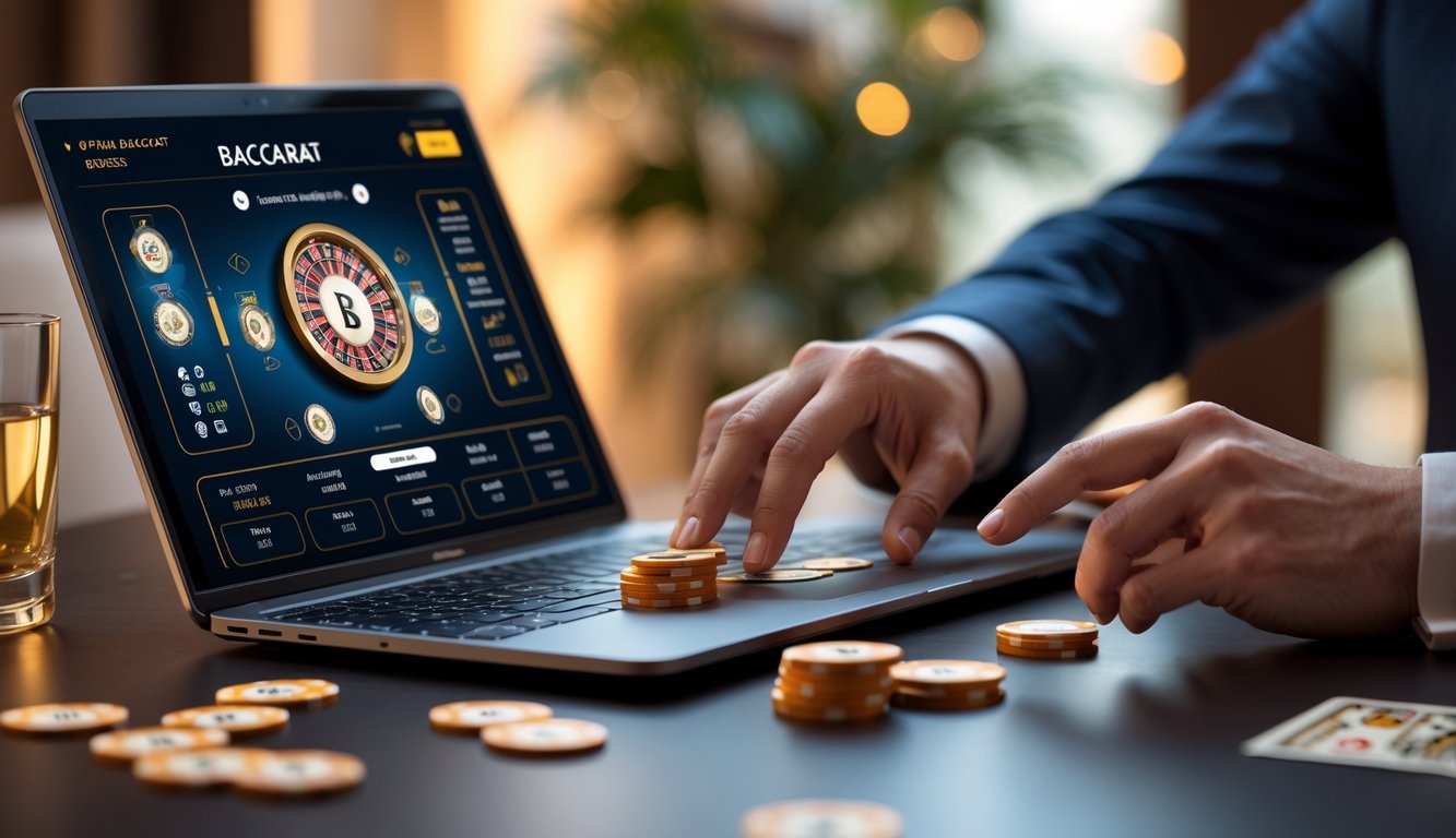 Seseorang menggunakan laptop dan smartphone untuk bermain baccarat online dengan chip di meja virtual.