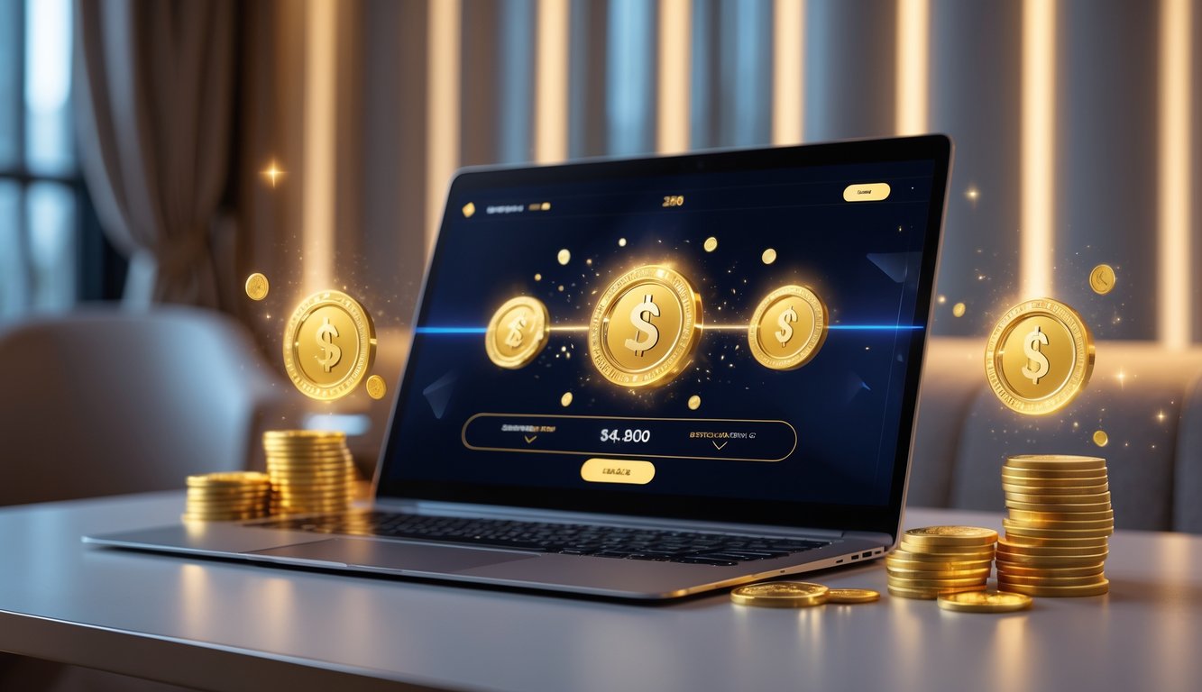 Sebuah meja kerja modern dengan komputer yang menampilkan permainan baccarat online dan elemen visual koin emas serta simbol bonus di sekitarnya.