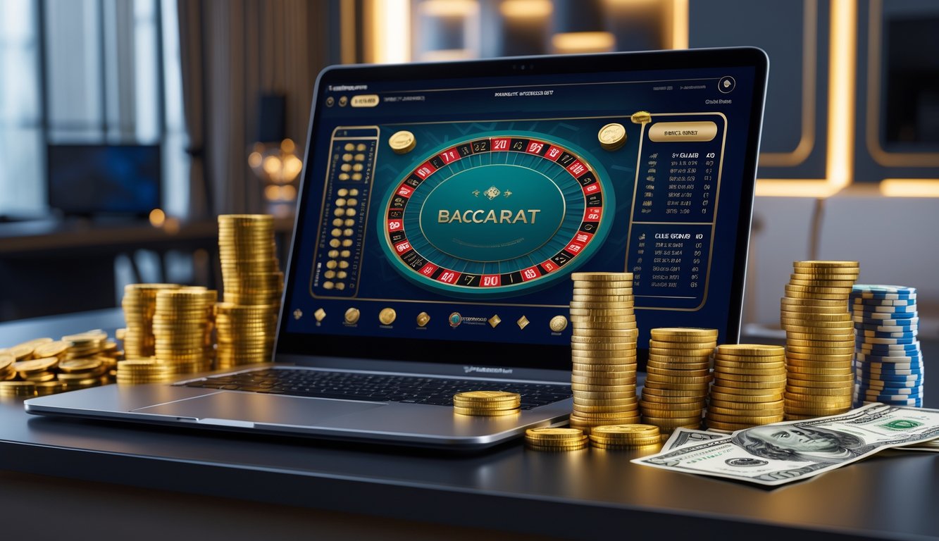 Seorang pria menggunakan laptop dengan permainan baccarat online terlihat di layar, dikelilingi oleh tumpukan chip kasino dan koin emas di sebuah ruangan modern.