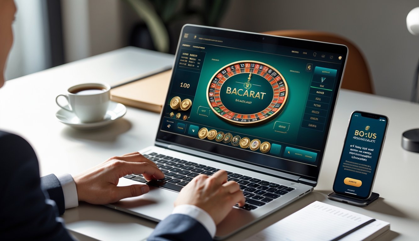 Seorang pemain menggunakan laptop dan ponsel untuk bermain baccarat online dengan suasana kerja yang rapi dan terang.