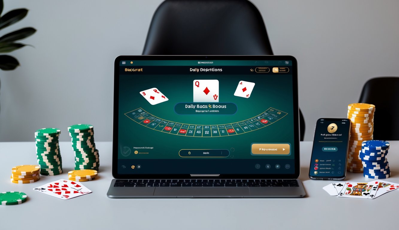 Seorang pemain menggunakan laptop dengan tampilan permainan baccarat online dan chip poker di meja.