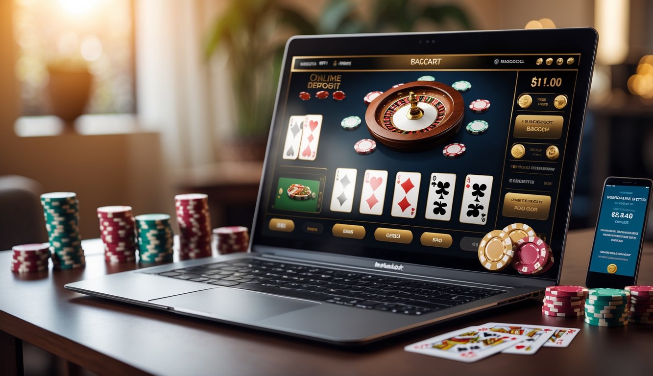 Sebuah laptop dengan permainan baccarat online, dikelilingi oleh chip kasino dan kartu remi di atas meja dalam ruangan yang nyaman.